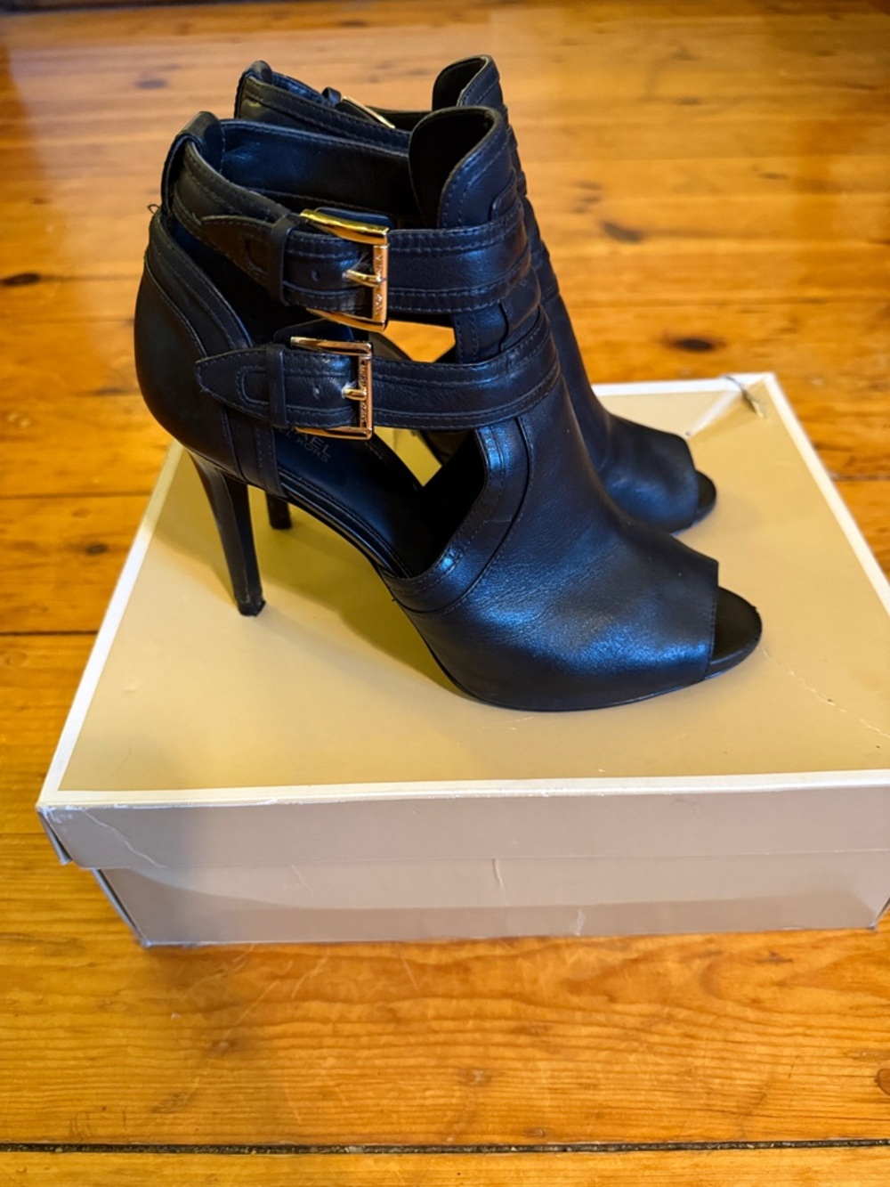 Michael Kors Black Peep-Toe High Heel Booties with Gold Buckles